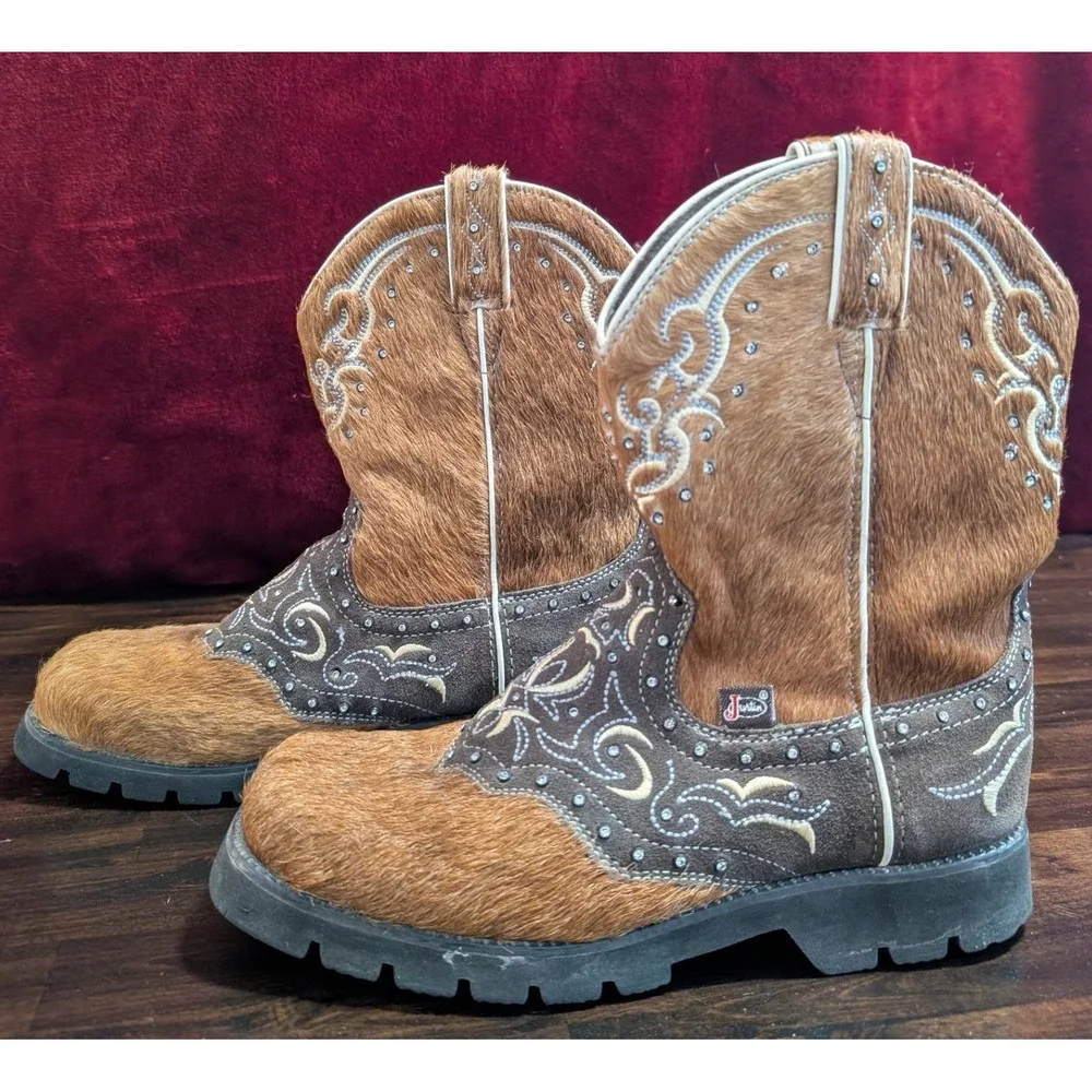 Justin Women's L8036 Cowhide Hair On Hide Rhinestone Western Boots Brown Size 9B